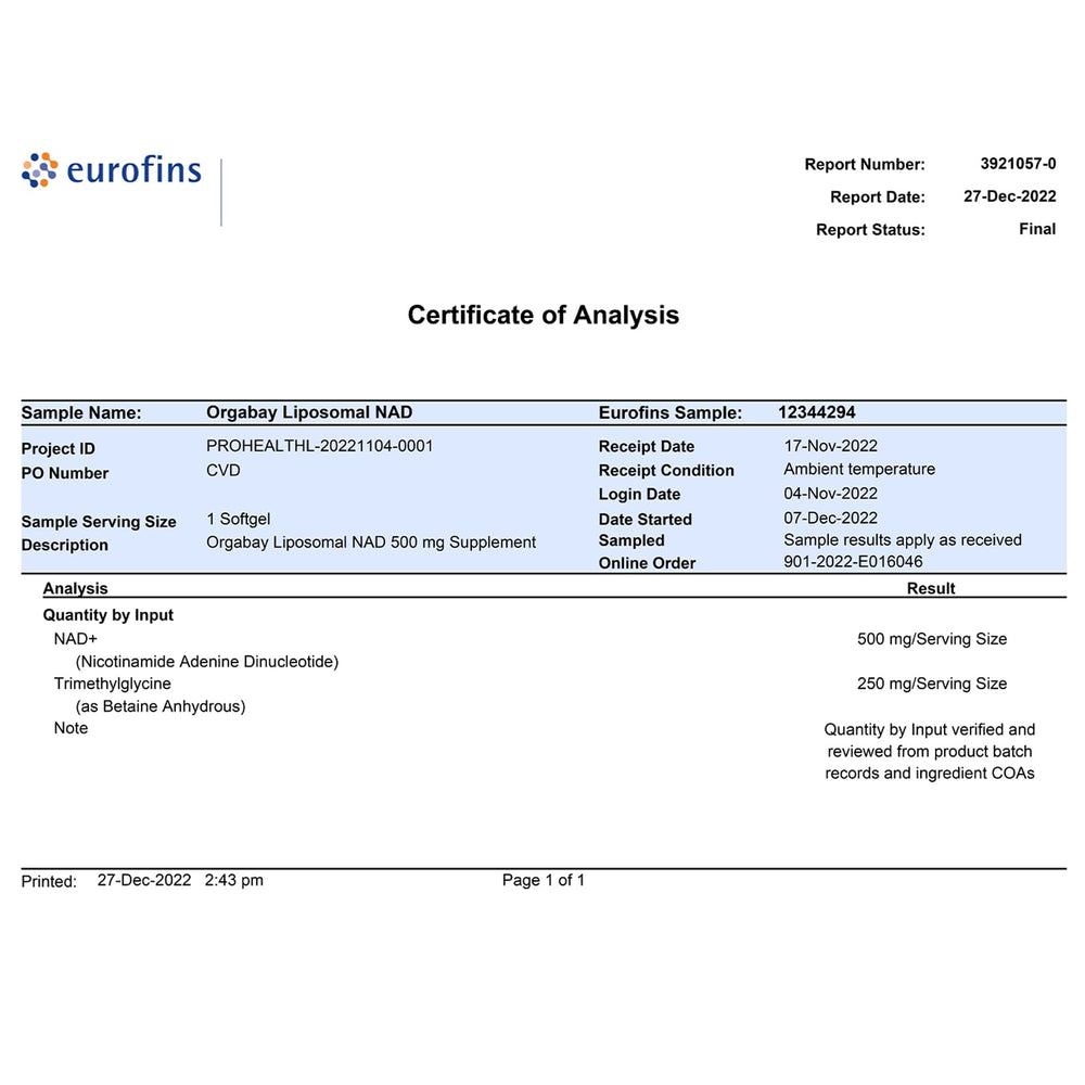 Orgabay TMG 250 mg per softgel supports NAD+ production.
