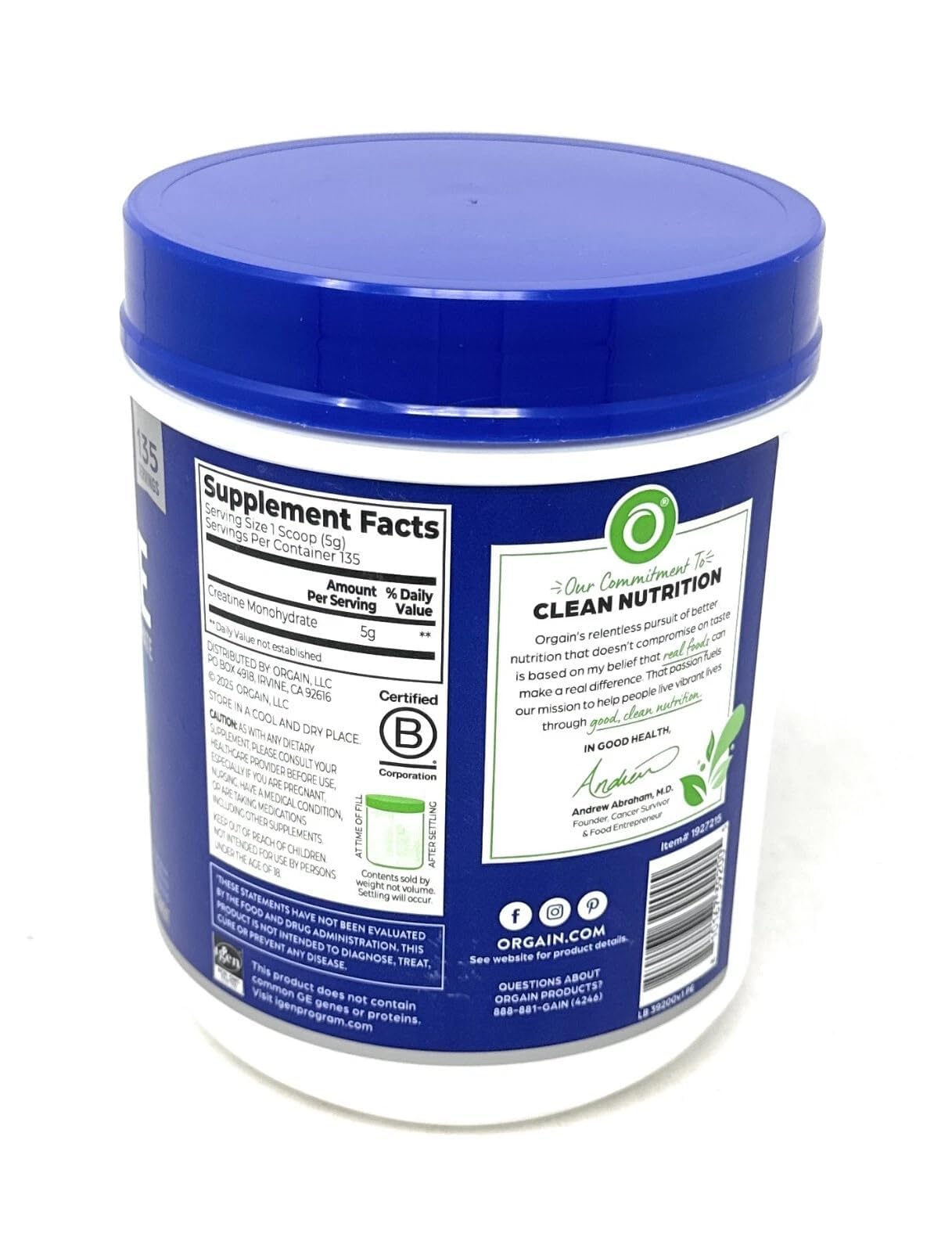Orgain creatine powder dissolves quickly in water for workouts.