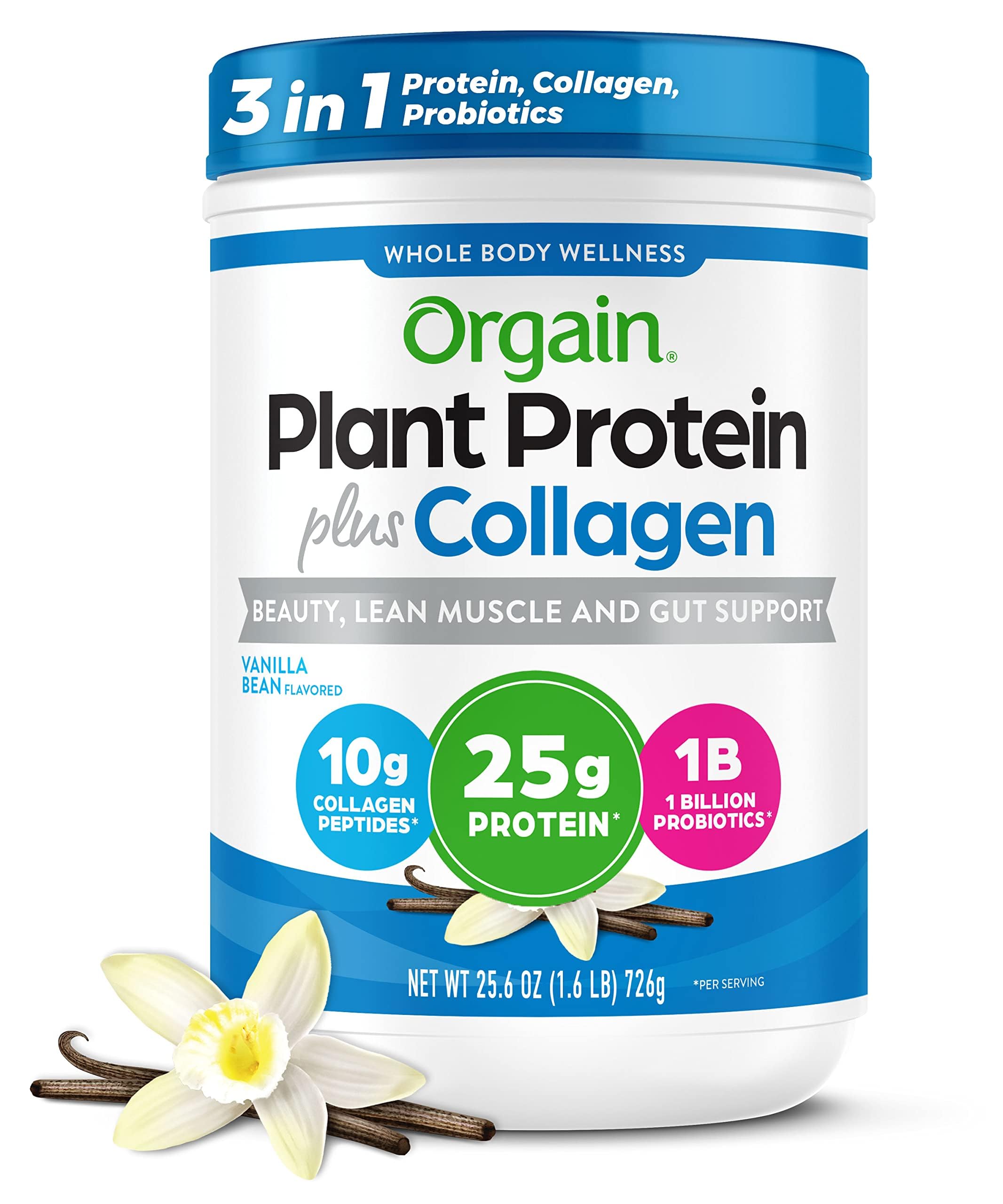 Orgain Vanilla Bean protein powder with collagen bottle for creamy daily nutrition.