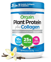 Orgain Vanilla Bean protein powder with collagen bottle for creamy daily nutrition.
