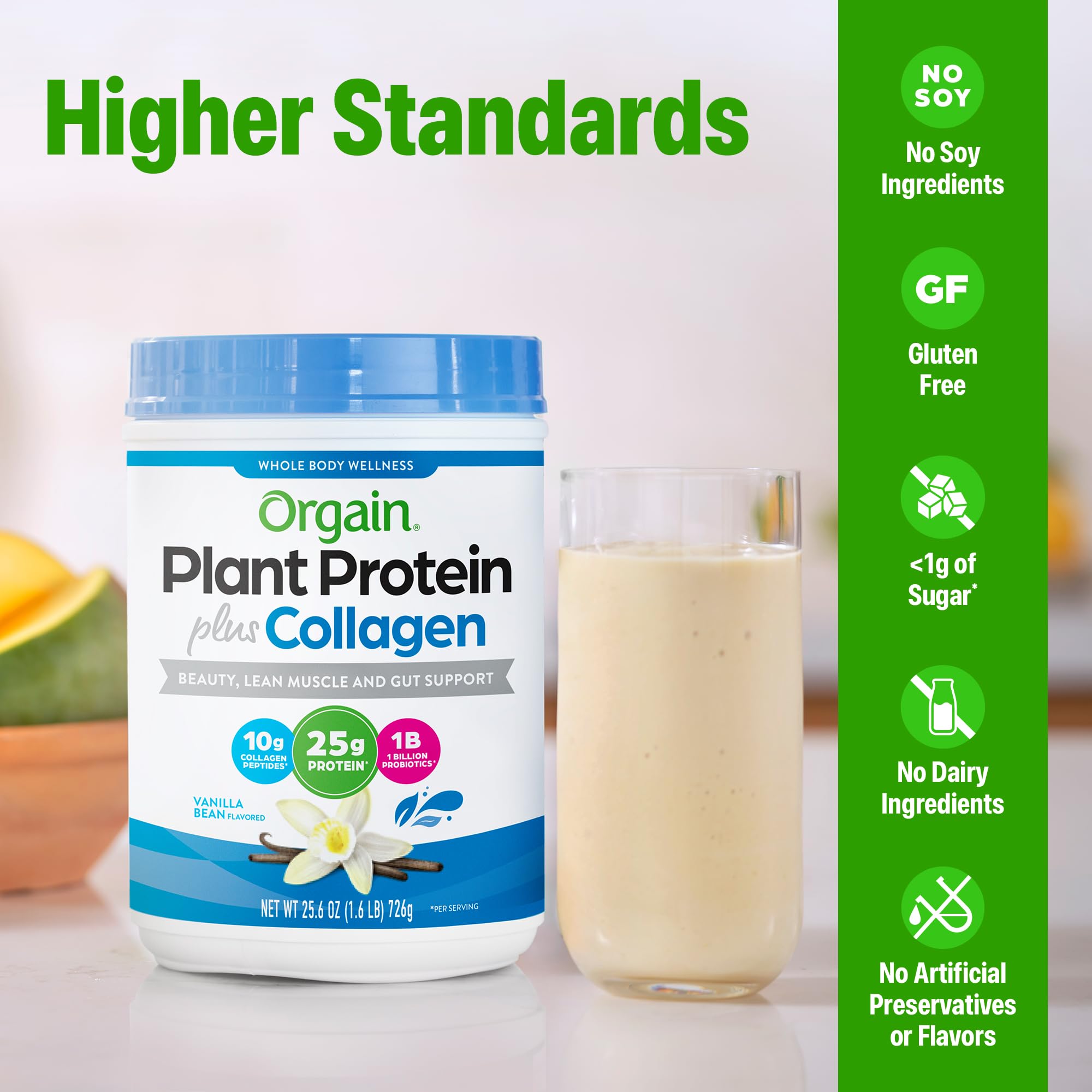 Orgain vanilla bean shake in a glass highlights creamy texture and mixability.