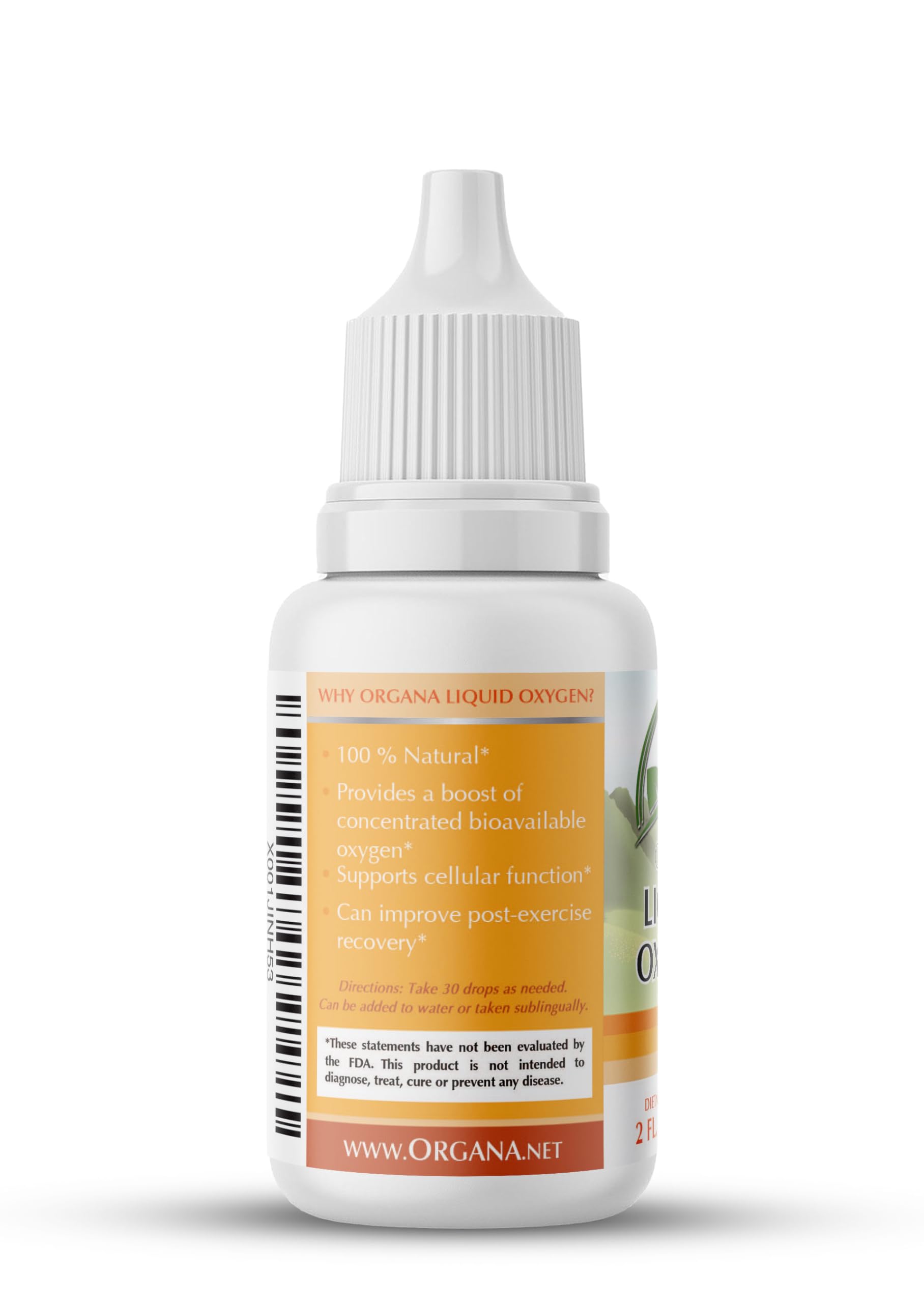 Organa International Liquid Oxygen Drops quality-control seal and lab testing label.