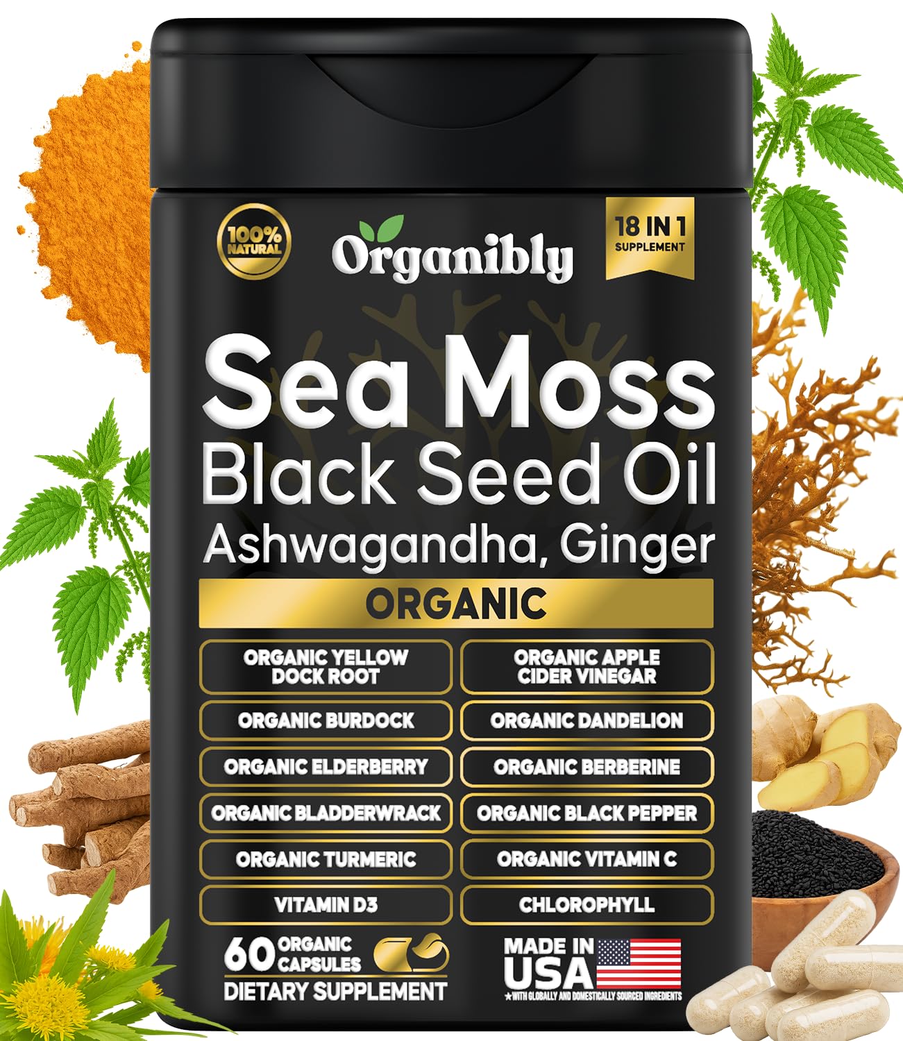 Organibly sea moss capsules bottle showcasing a complete wellness blend for vitality.