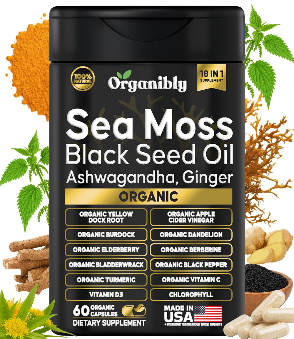 Organibly sea moss capsules bottle showcasing a complete wellness blend for vitality.