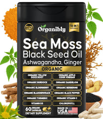 Organibly sea moss capsules bottle showcasing a complete wellness blend for vitality.