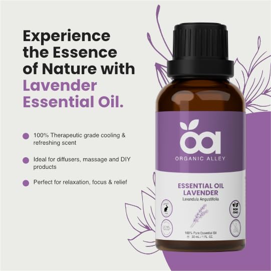 Organic Alley Lavender plant sprig beside bottle highlights natural origins and calming scent.