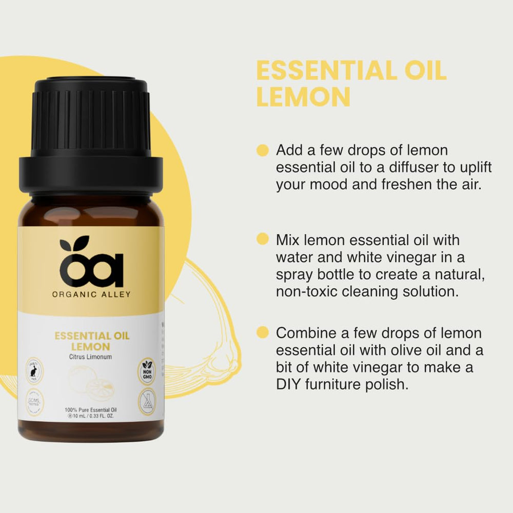 Amber glass Organic Alley Lemon Essential Oil bottle protects quality and potency.