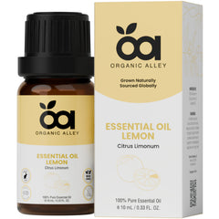Organic Alley Lemon Essential Oil bottle shows pure, undiluted lemon for diffusers.