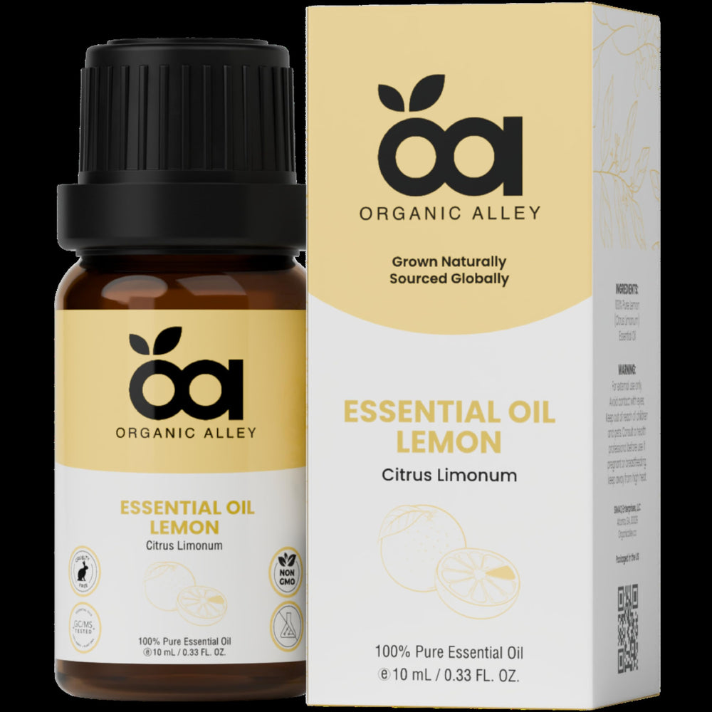 Organic Alley Lemon Essential Oil in-use setup suggests diffusing and cleaning potential.