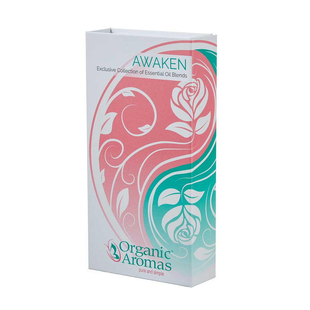 Organic Aromas Awaken Morning Bloom bottle showcases floral balance for uplifting ambiance.