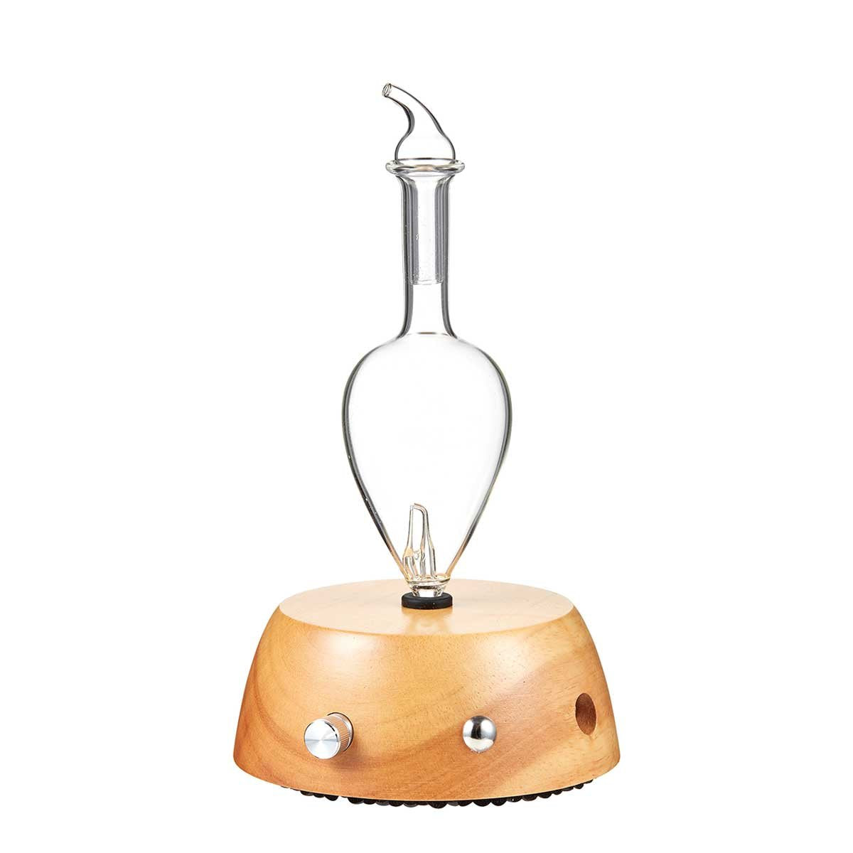 Organic Aromas Elegance diffuser setup with glass nebulizer and lightwood base