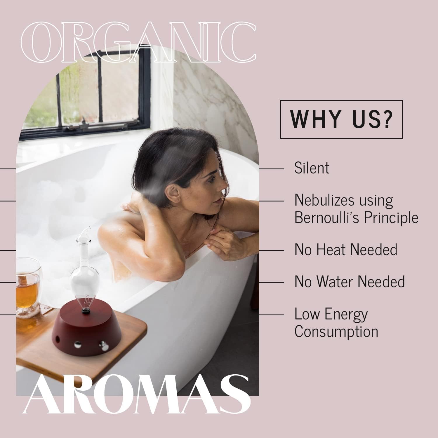 Organic Aromas Elegance diffuser on a warm lightwood base in a calm setting