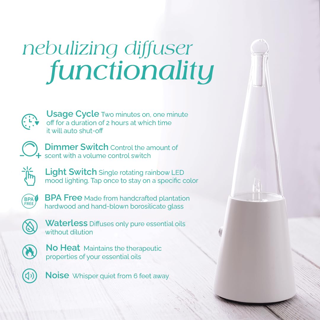 Organic Aromas nebulizing diffuser on light wood base enhances any room ambiance.
