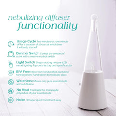 Organic Aromas nebulizing diffuser on light wood base enhances any room ambiance.