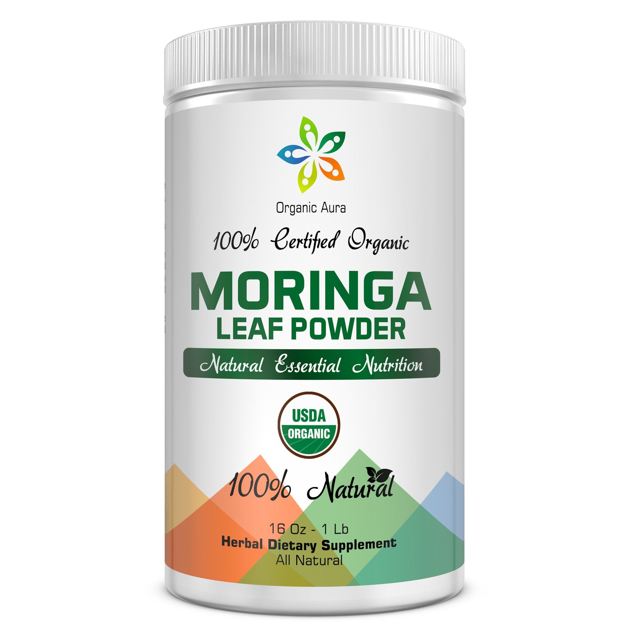 Organic Aura Moringa leaf powder 1 lb packaging with USDA Organic label, suggesting natural energy support.