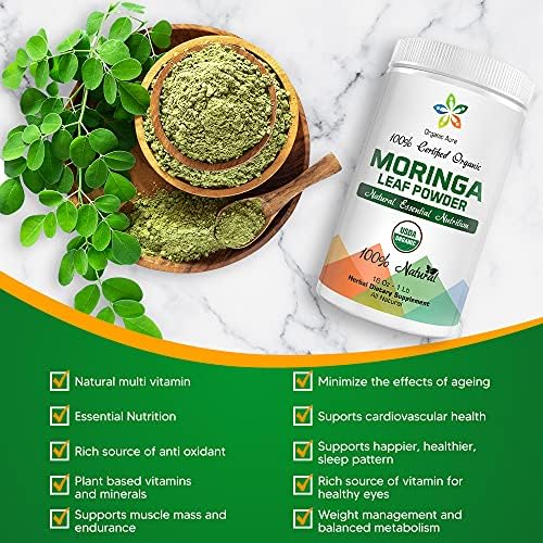 Organic Aura Moringa leaf powder blended into smoothie implies nutritious energy booster.
