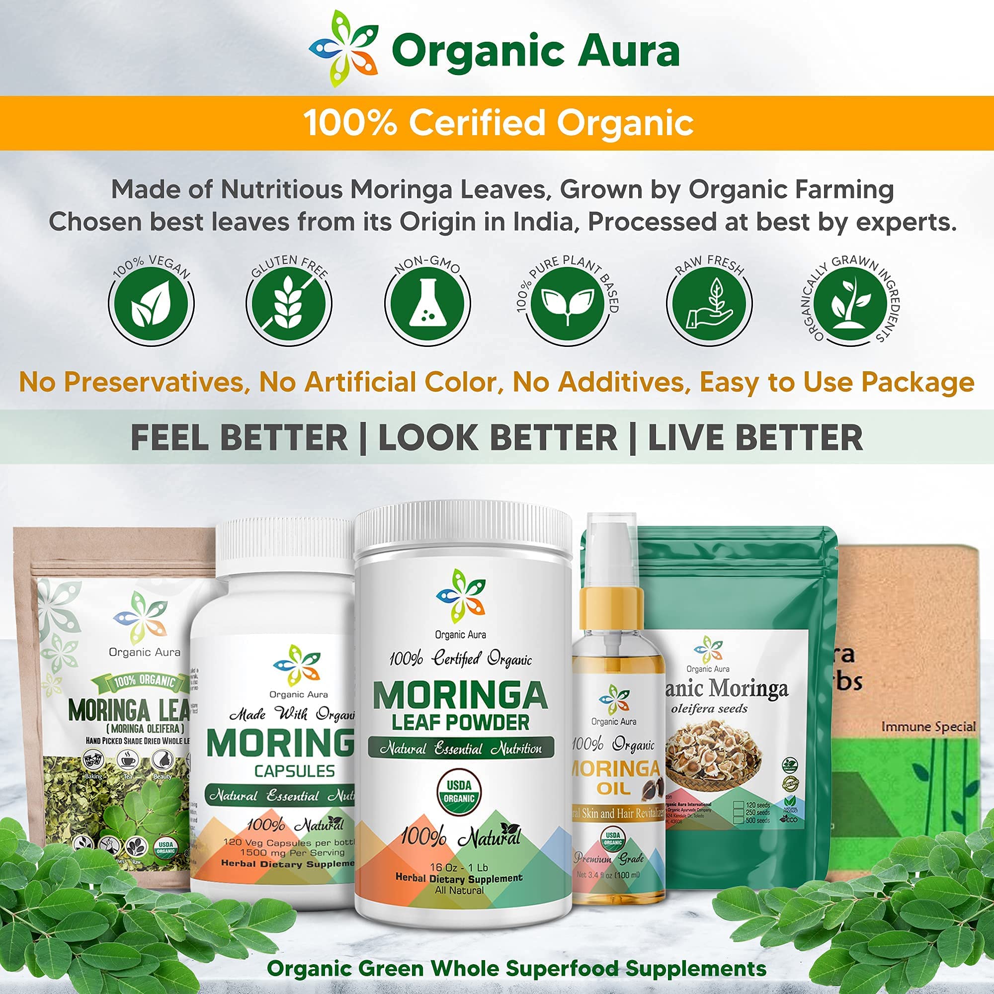 Organic Aura Moringa leaf powder holding bottle emphasizes convenient daily supplementation.