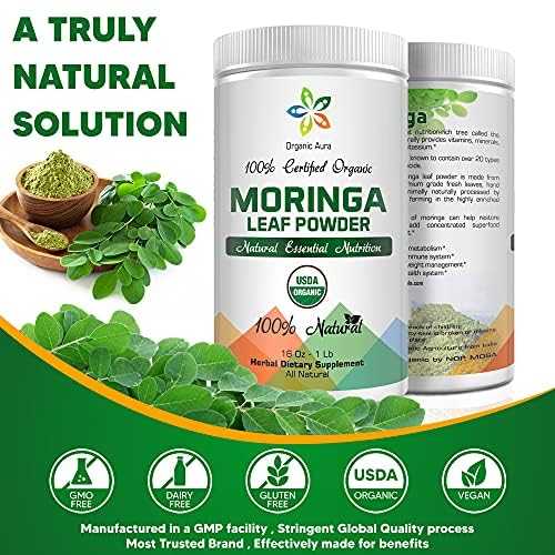 Organic Aura Moringa leaf powder in glass of water suggests quick smoothie or drink addition.