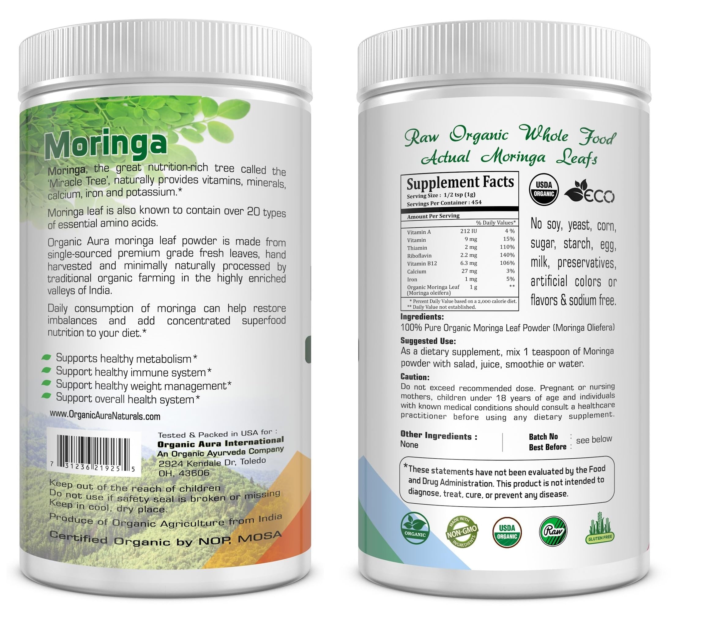 Organic Aura Moringa leaf powder scoop in bowl hints at easy daily mixing.