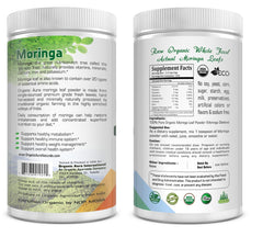 Organic Aura Moringa leaf powder scoop in bowl hints at easy daily mixing.
