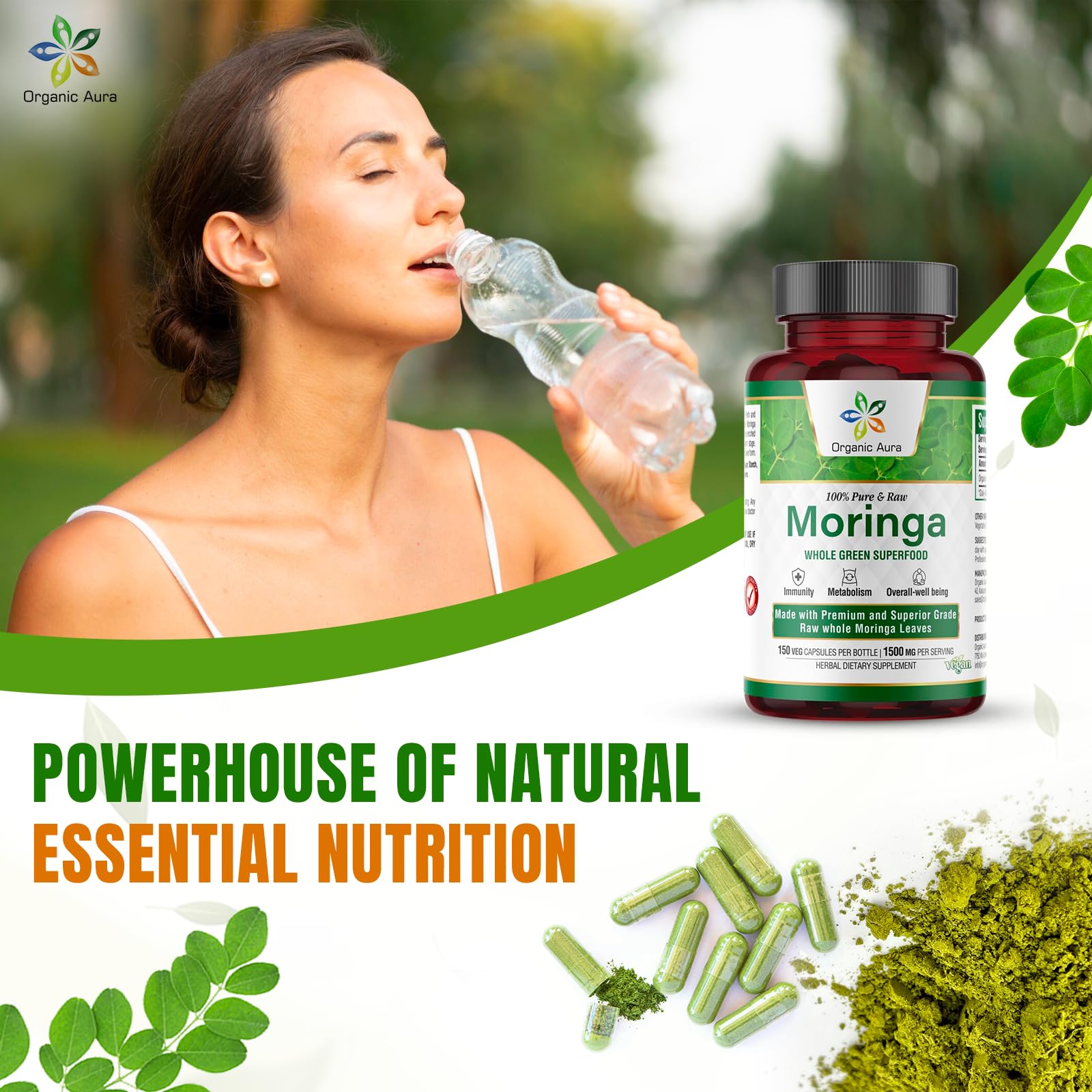 Organic Aura Moringa bottle packaging with eco-friendly design for daily routines.
