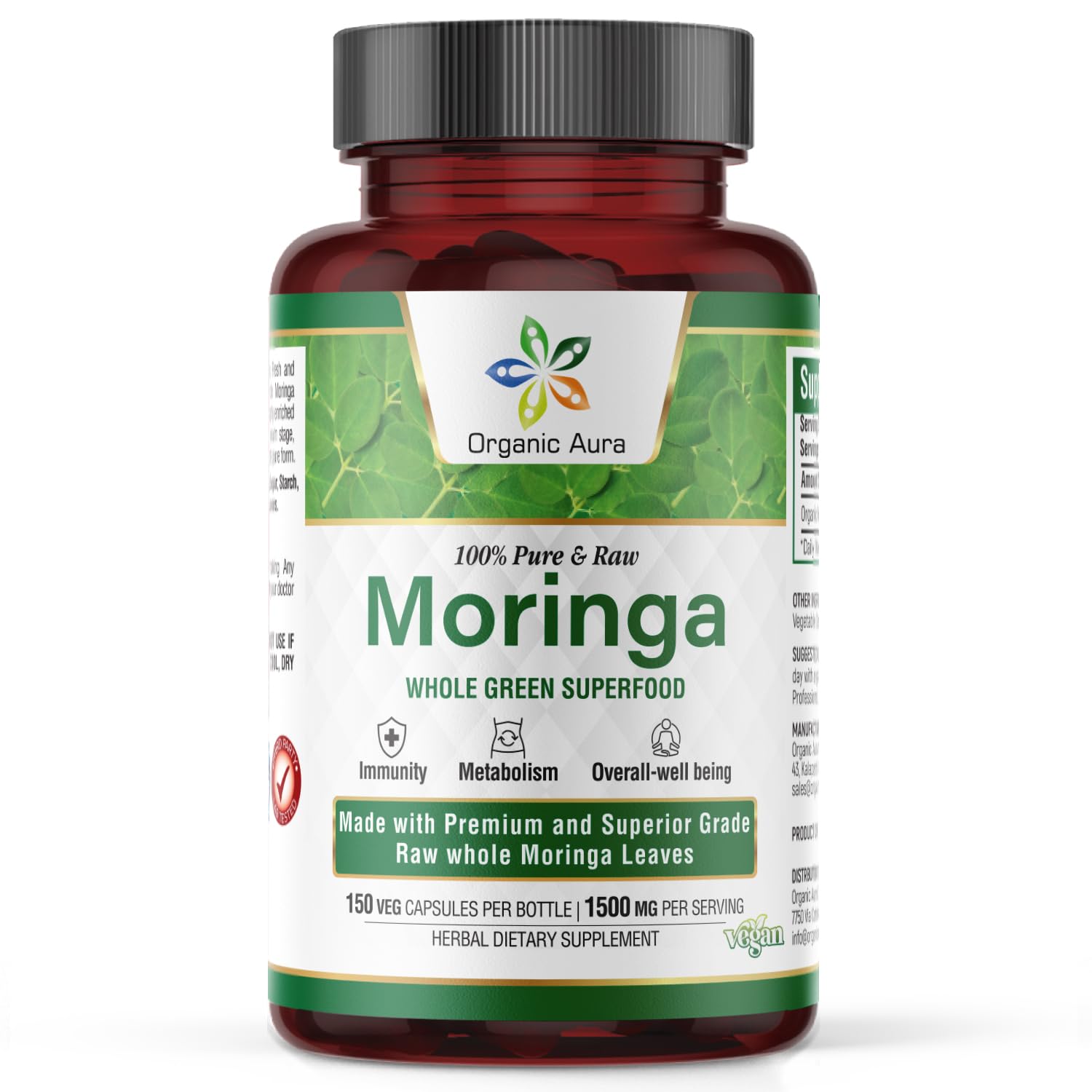 Organic Aura Moringa leaf capsules bottle shows a convenient daily wellness option.