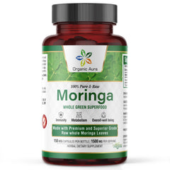 Organic Aura Moringa leaf capsules bottle shows a convenient daily wellness option.