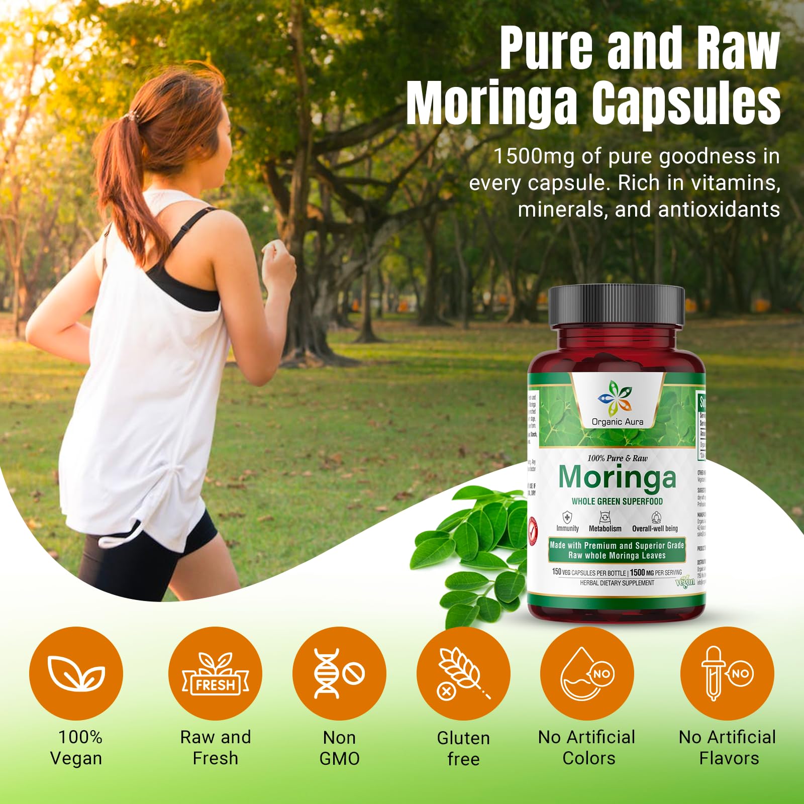 Organic Aura Moringa leaf capsules closeup reveals plant-based nutrition.