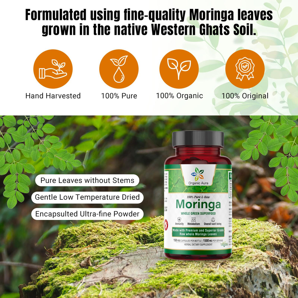 Organic Aura Moringa leaf powder capsule closeup reveals nutrient-dense form.