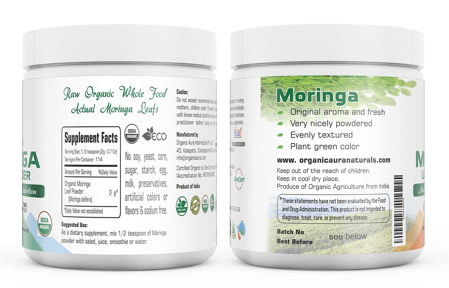 Organic Aura Moringa Powder green texture close-up highlighting natural energy boost