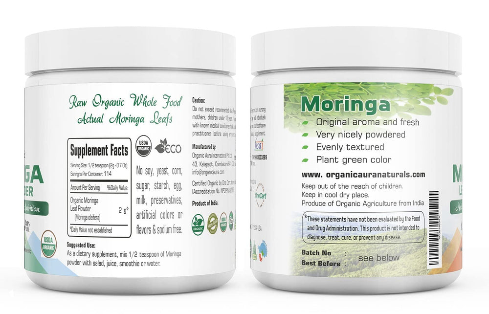 Organic Aura Moringa Powder green texture close-up highlighting natural energy boost