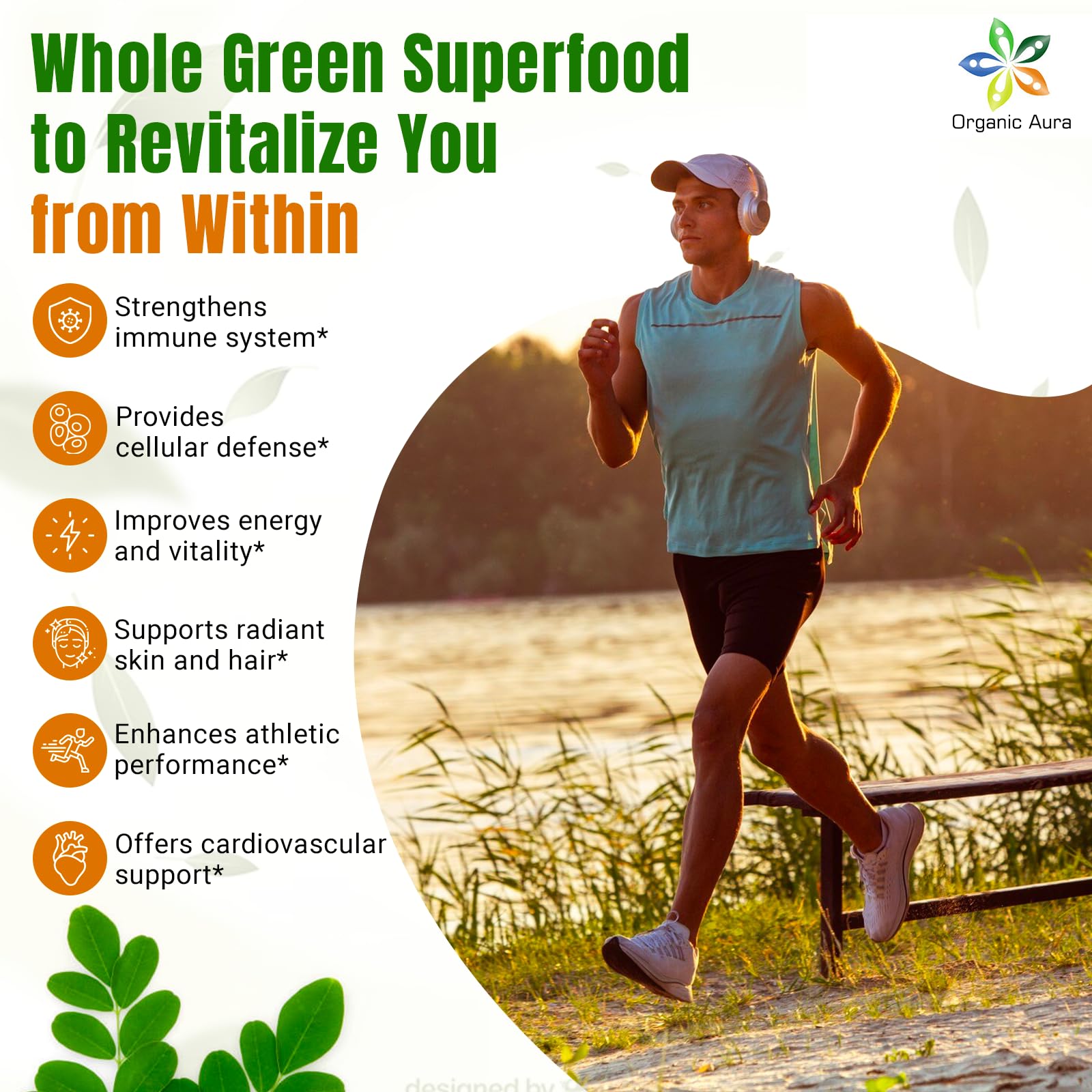 Organic Aura Moringa nutrition panel image highlights 1500mg strength and ingredients.