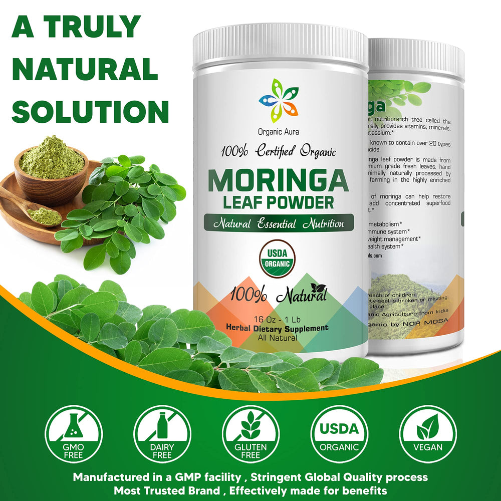 Organic Aura Moringa Powder being poured into a shaker for quick healthy drinks