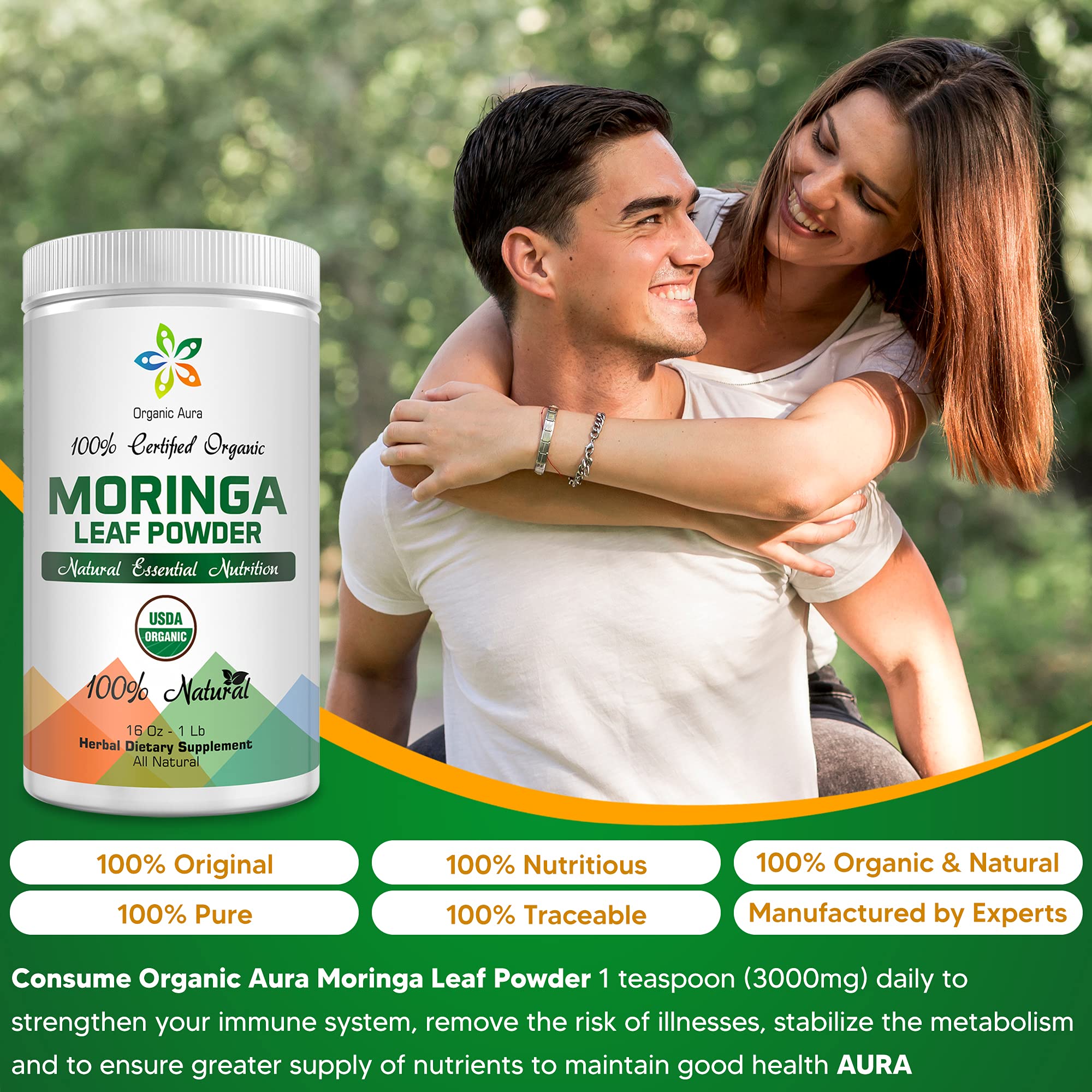 Organic Aura Moringa Powder sprinkled over soups or meals for added nutrients