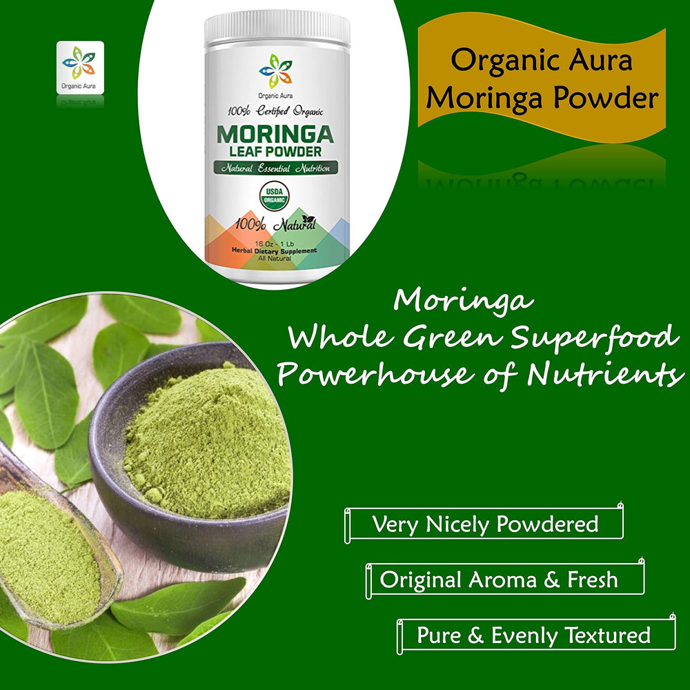 Organic Aura Moringa Powder vibrant green color signaling pure moringa for sustained energy