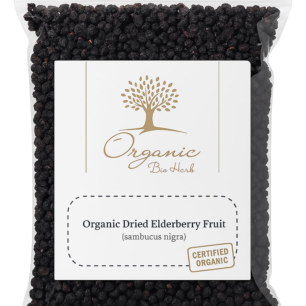 Organic Bio Herbs elderberry fruit loose-dried close-up for flavorful snacking and herbal inspirations.
