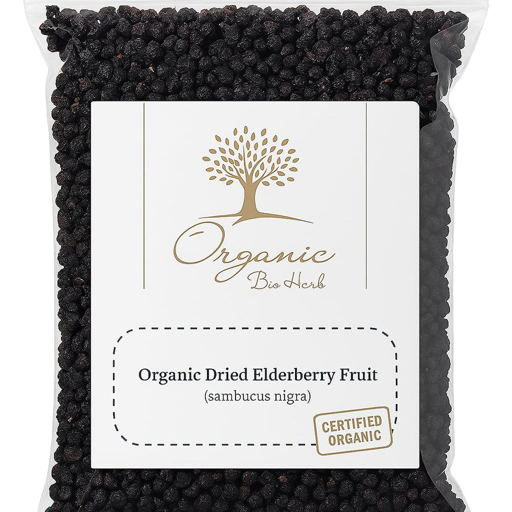 Organic Bio Herbs elderberry fruit loose-dried close-up for flavorful snacking and herbal inspirations.