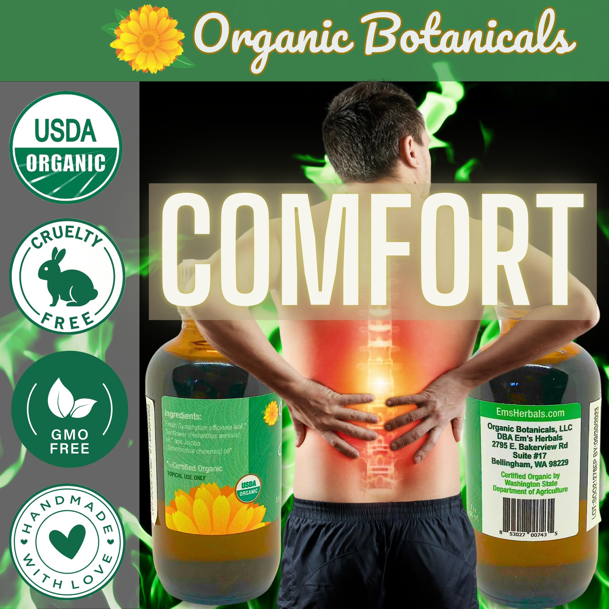 Organic Botanicals Comfrey Leaf Oil back application targets areas of concern.