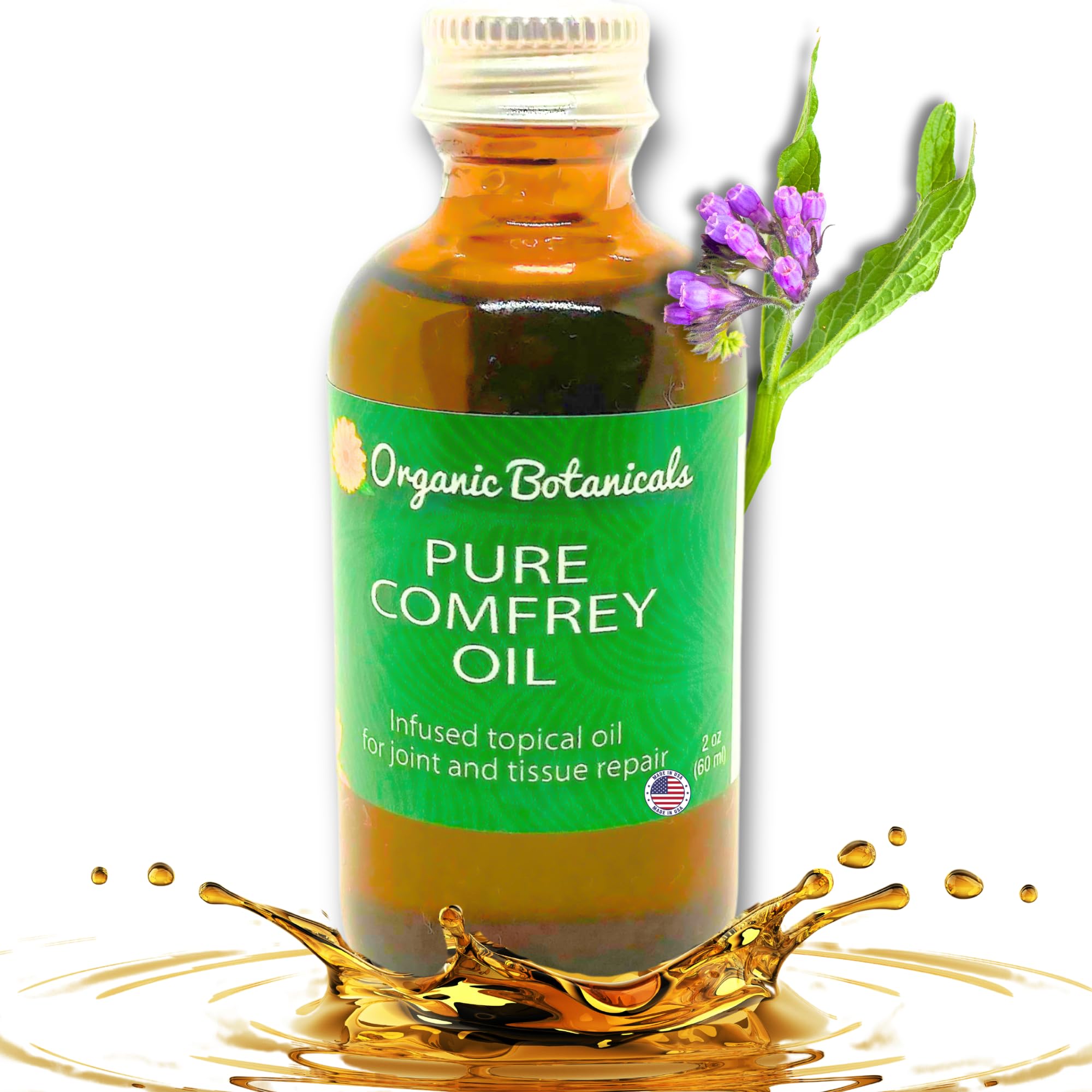 Organic Botanicals Comfrey Leaf Oil bottle on shelf for easy topical use.
