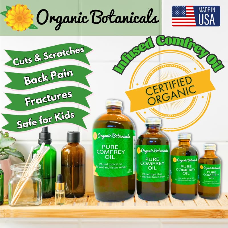 Organic Botanicals Comfrey Leaf Oil ingredient closeup highlights herbal infusion for skin care.
