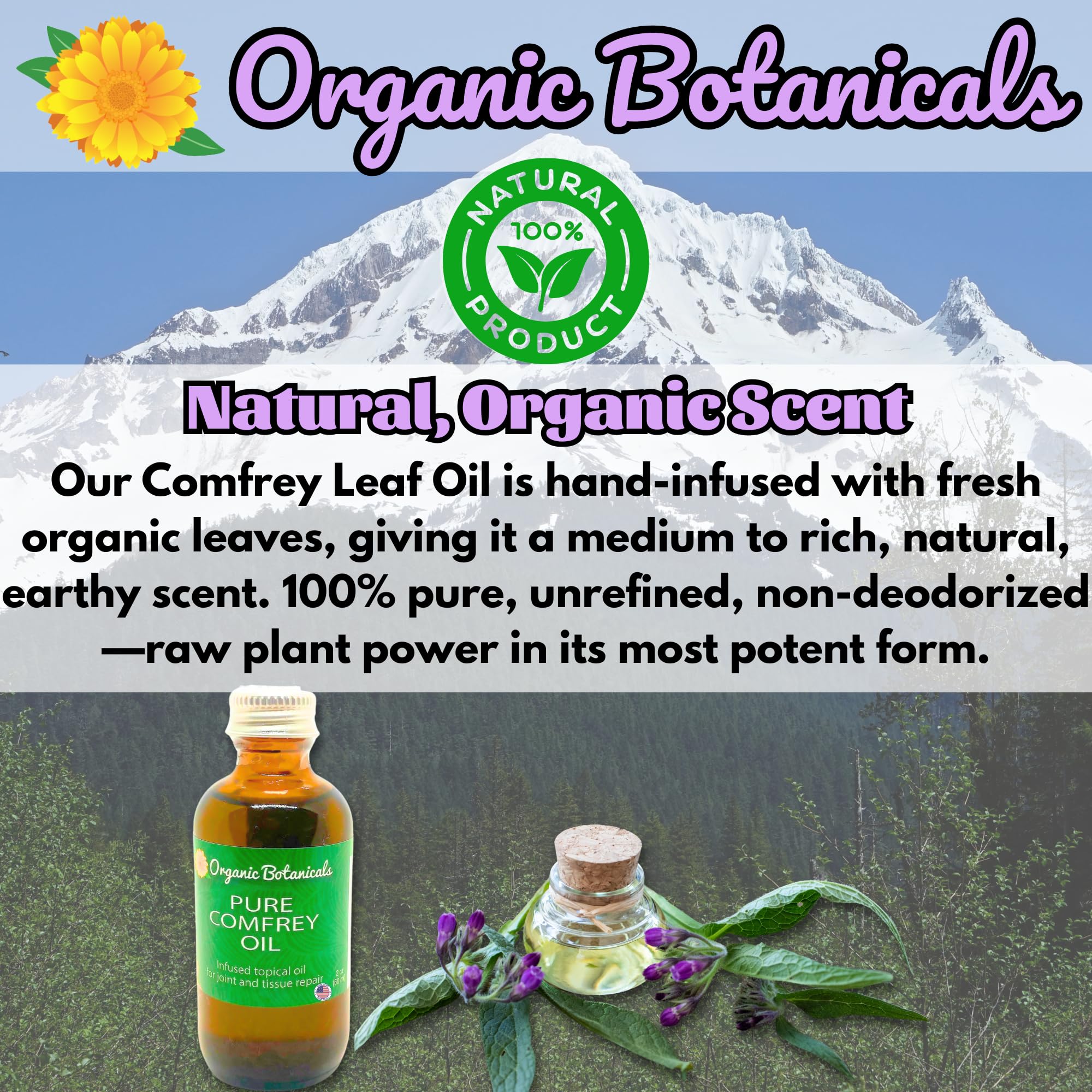 Organic Botanicals Comfrey Leaf Oil spoon and oil texture in background.
