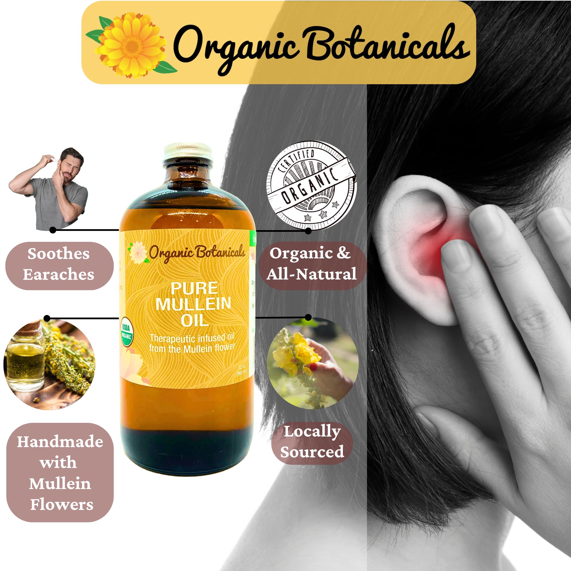 Droplet application of Organic Botanicals mullein oil for ears