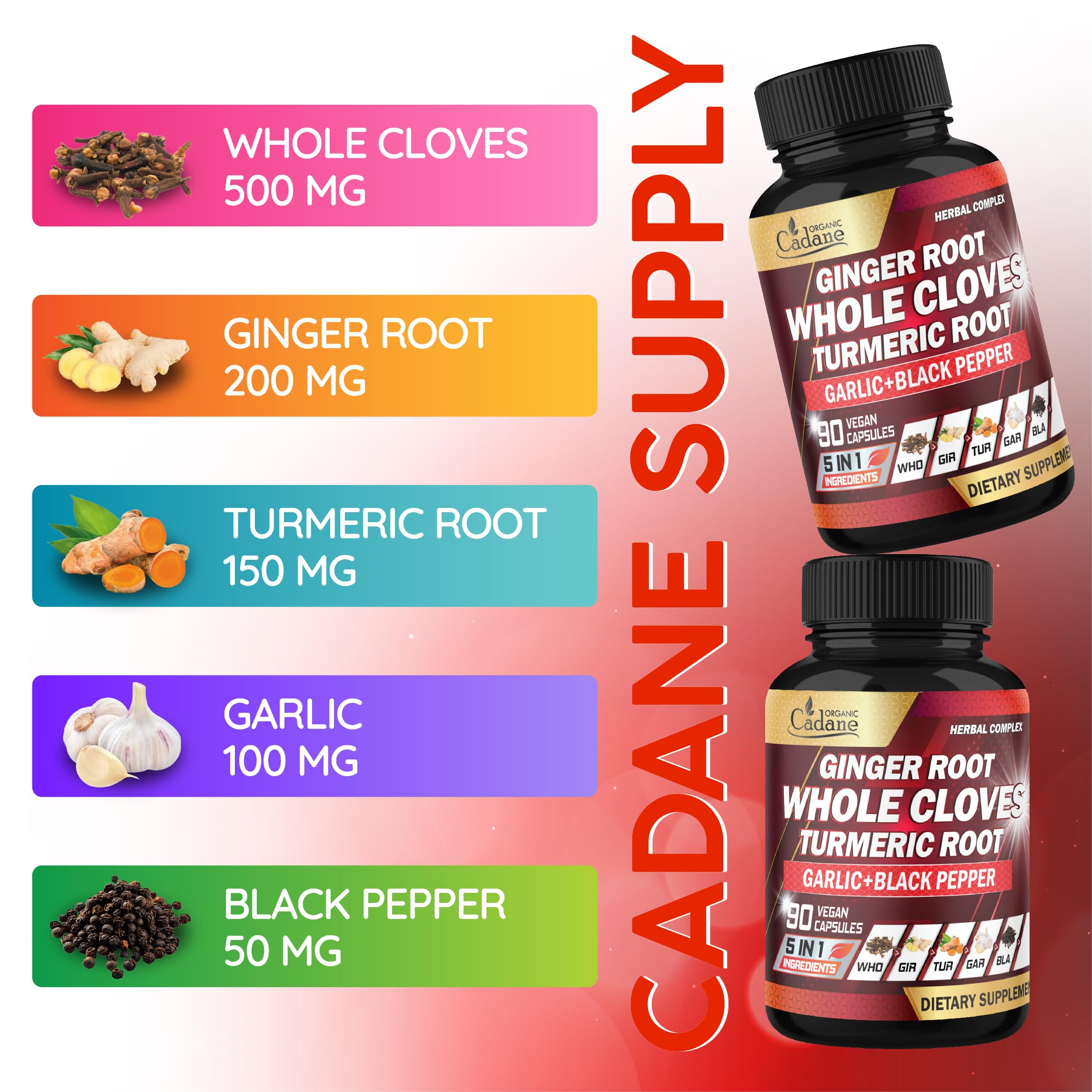 Organic Cadane 90 capsules bottle showing 45-day supply