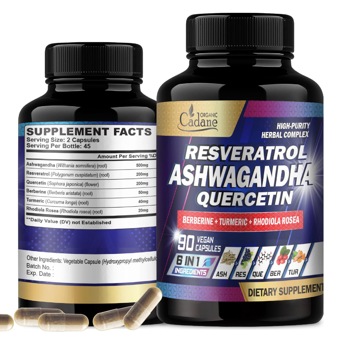 Organic Cadane Ashwagandha capsules bottle for daily energy support