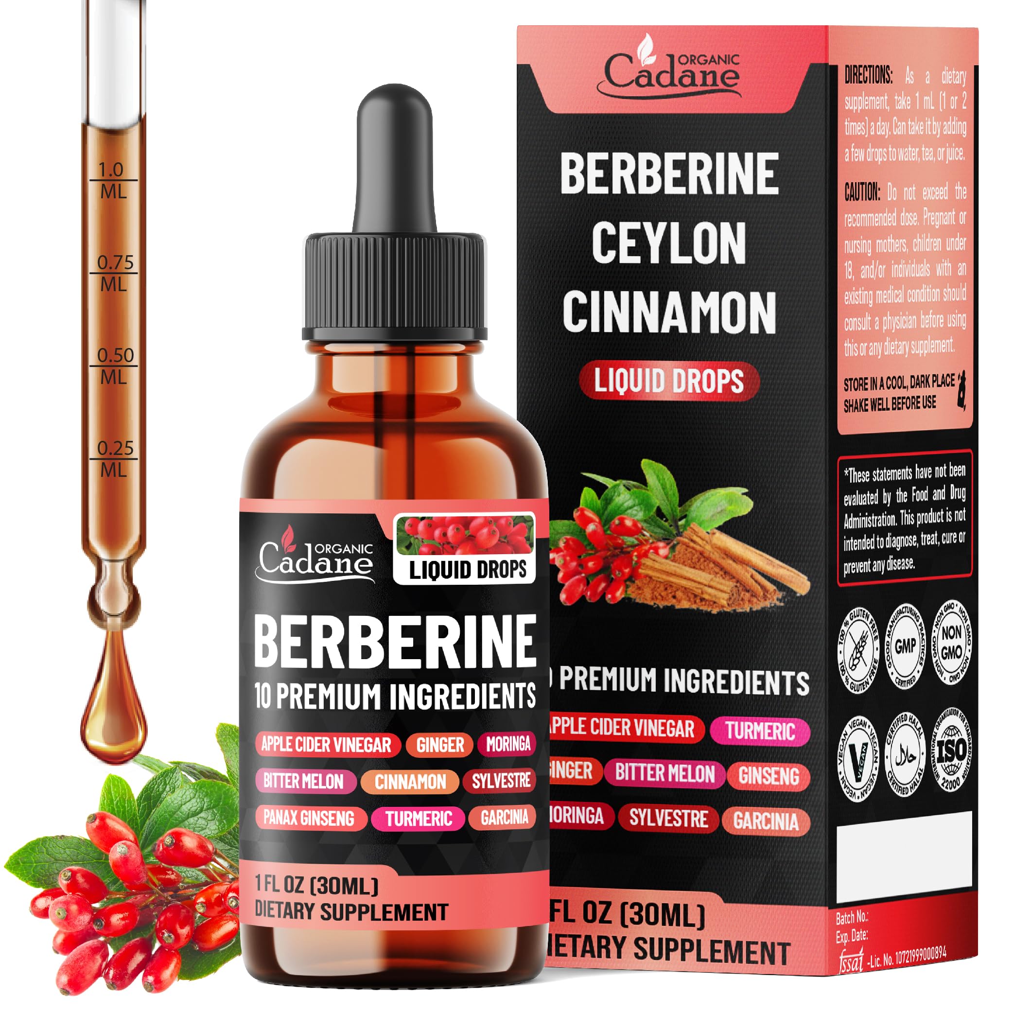 Organic Cadane Berberine Drops bottle supports daily heart health.