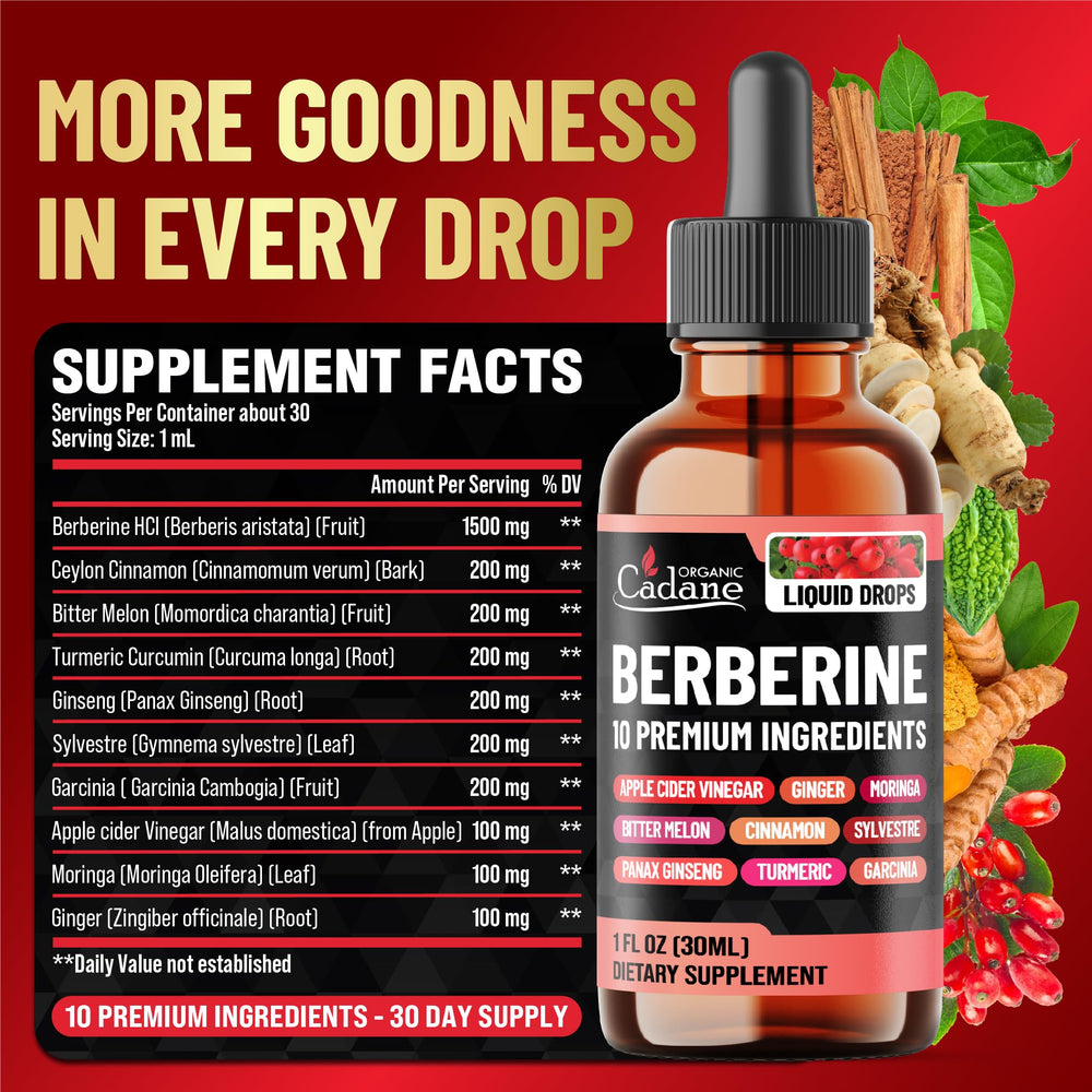 Organic Cadane Berberine Drops pour shows easy daily dosing for wellness.
