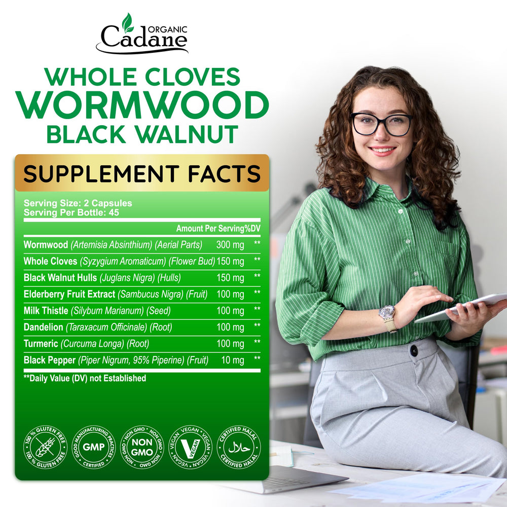 Organic Cadane black walnut hulls capsules in bottle for gut wellness