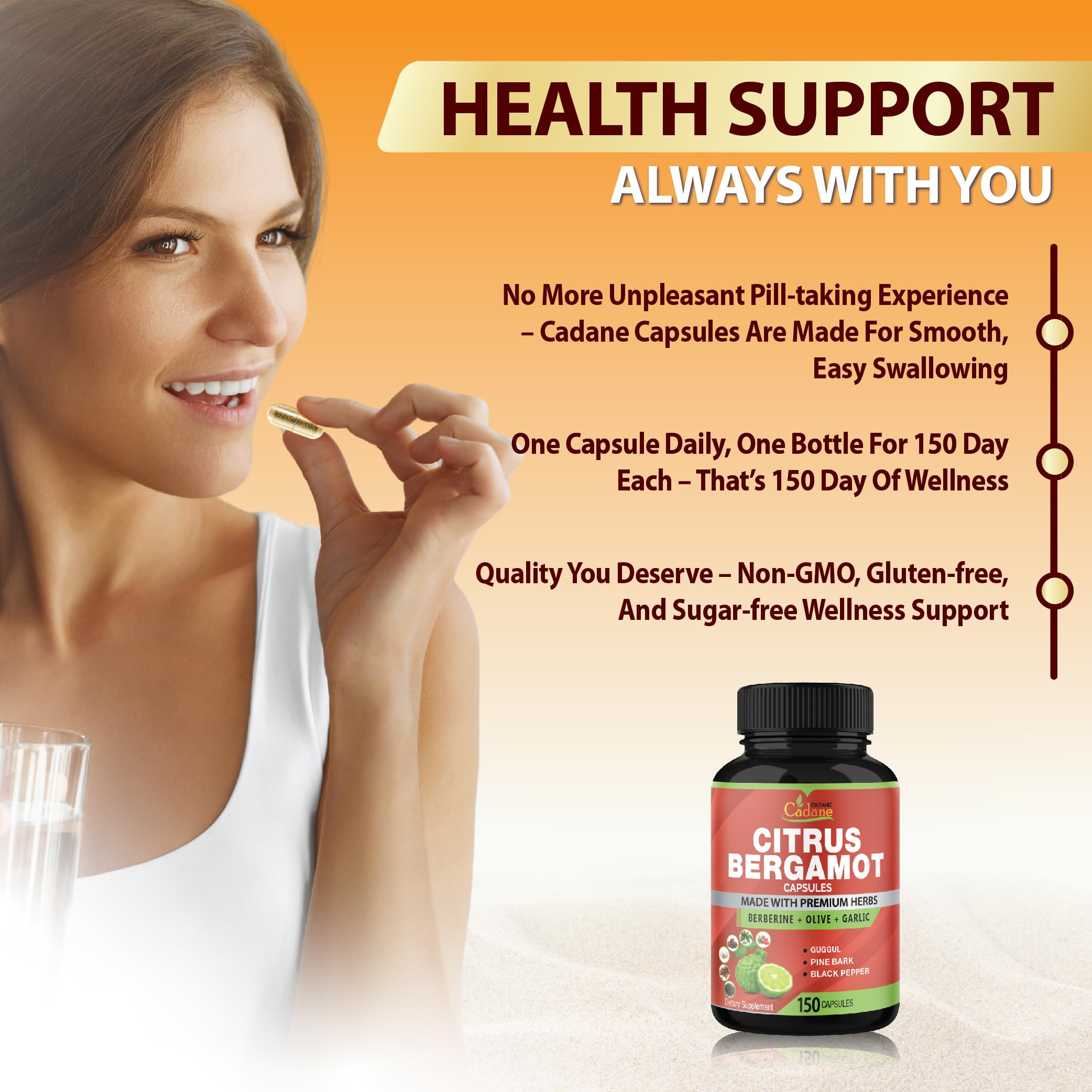 Organic Cadane bottle label showing GMP and ISO certified quality