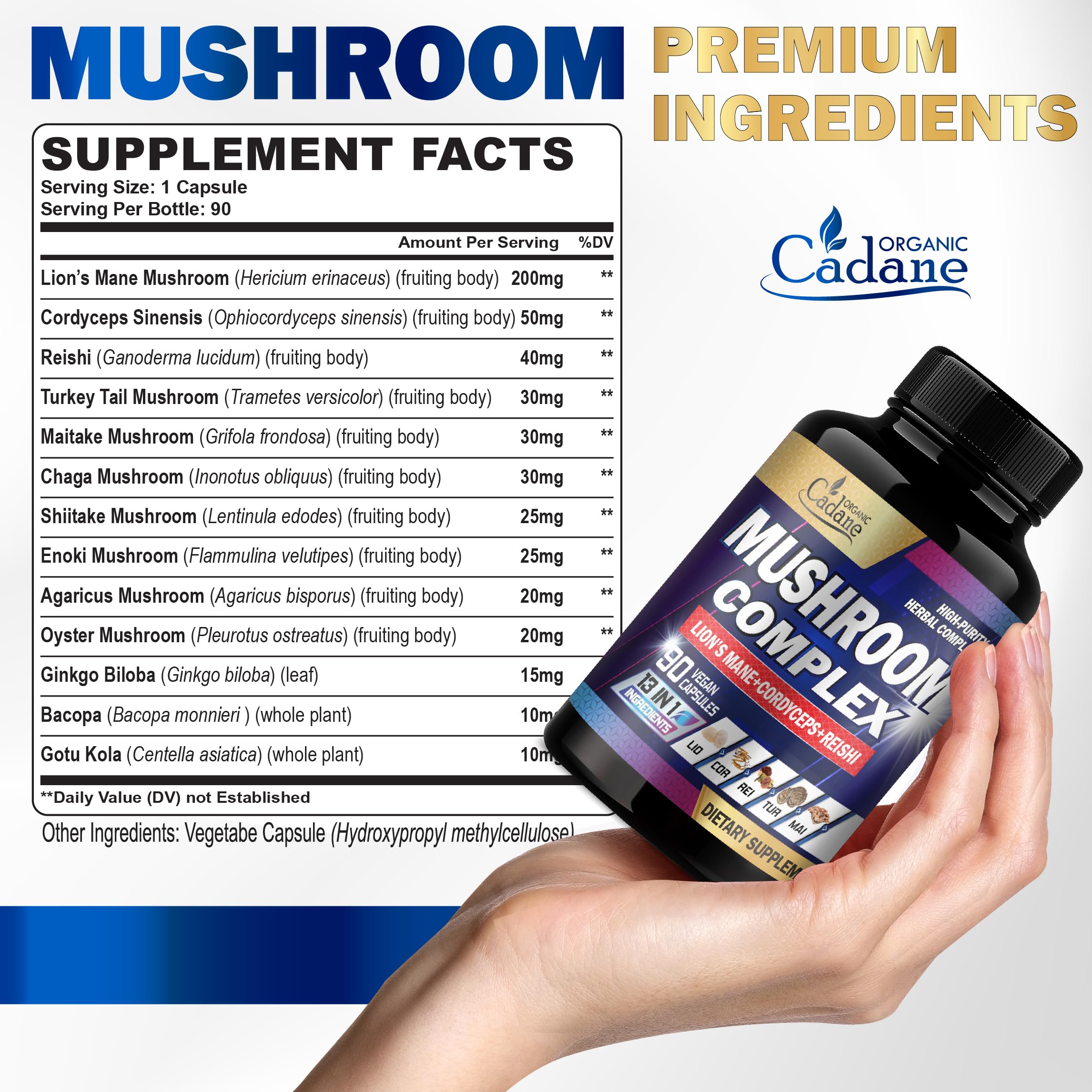 Organic Cadane capsules close-up, vegan and gluten-free formula for clean supplementation.