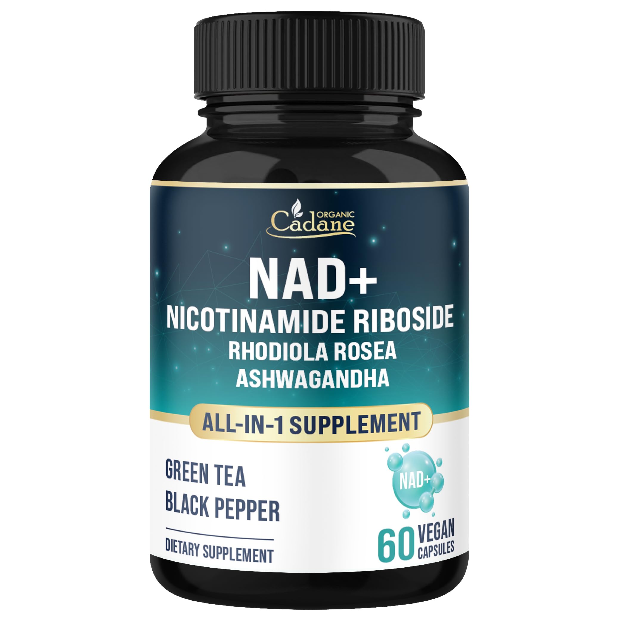 Organic Cadane Nicotinamide Riboside bottle showing a 30-day supply for steady energy